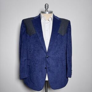 Pagano West Sport Coat Mens 50R Blue Solid Western Faux Suede Herringbone Yoke